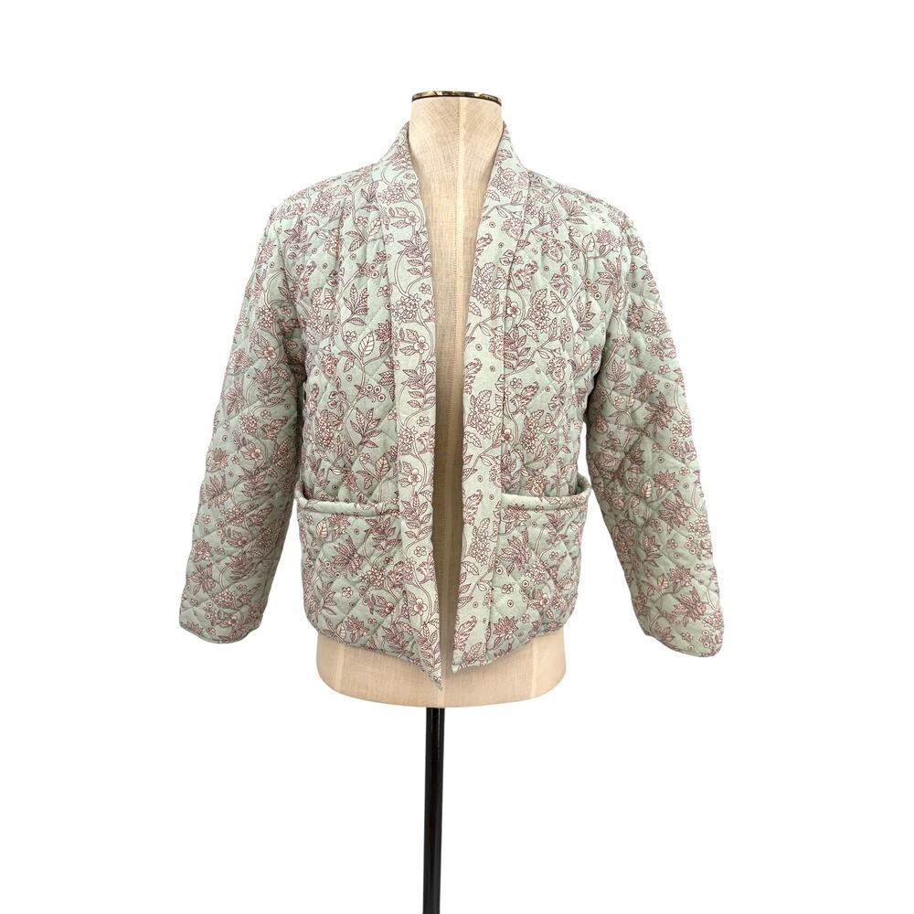 Mango Kids Floral Quilted Jacket Mint Green Open Front Girls 11 146cm